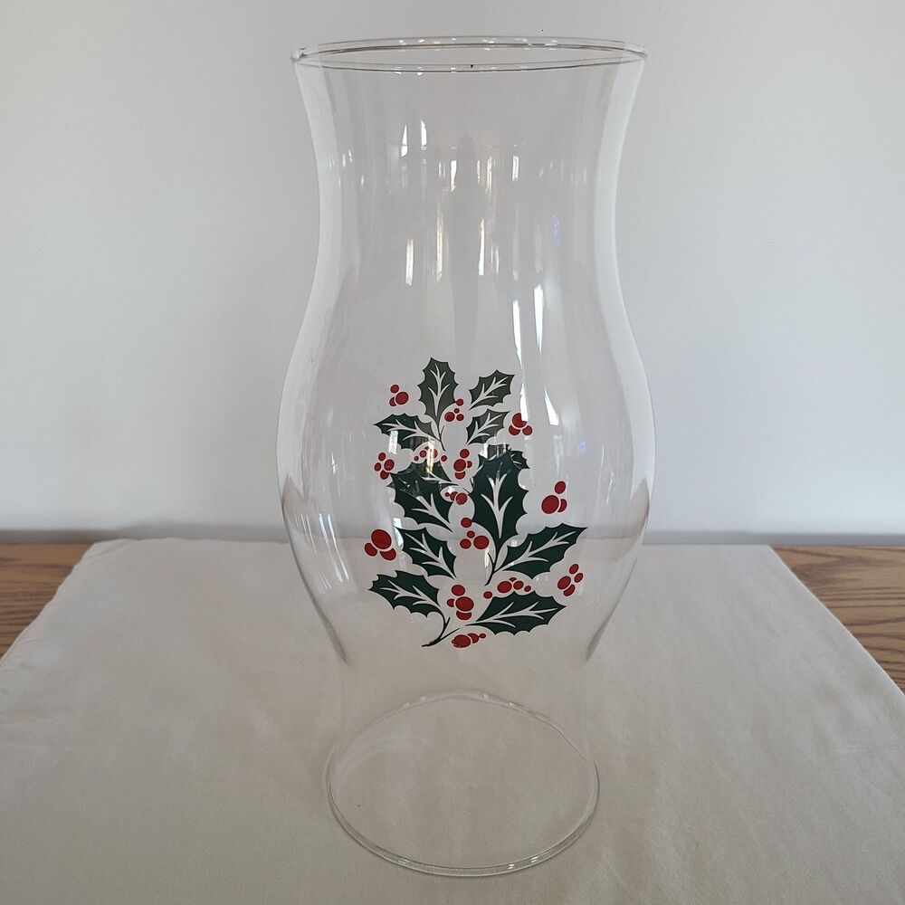 Vintage 11" Holly Pattern Hurricane Glass Lamp Indiana Glass Leaves & Berries